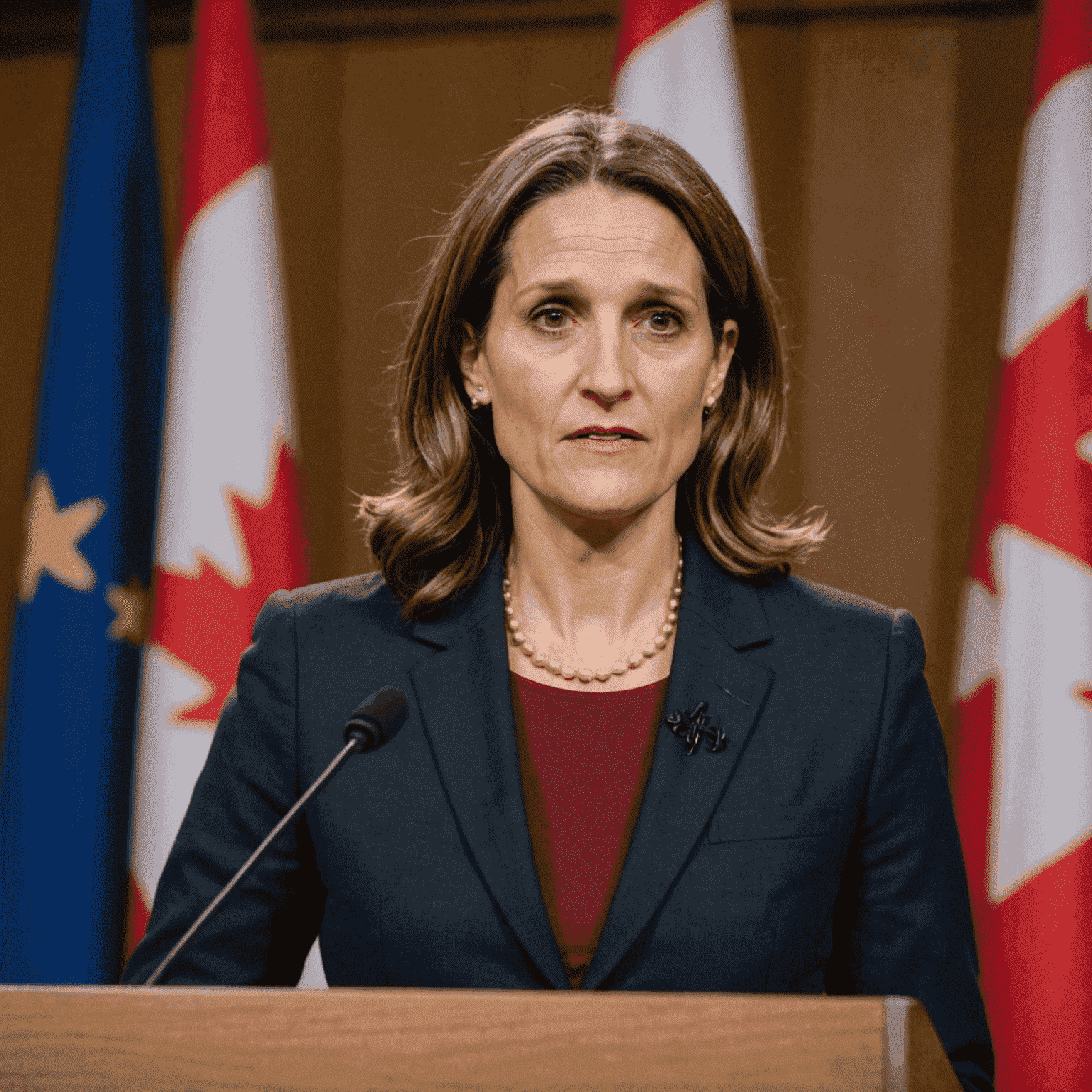 Image of Chrystia Freeland, the Deputy Prime Minister and Minister of Finance of Canada, speaking at a podium during a press conference to announce new economic measures.