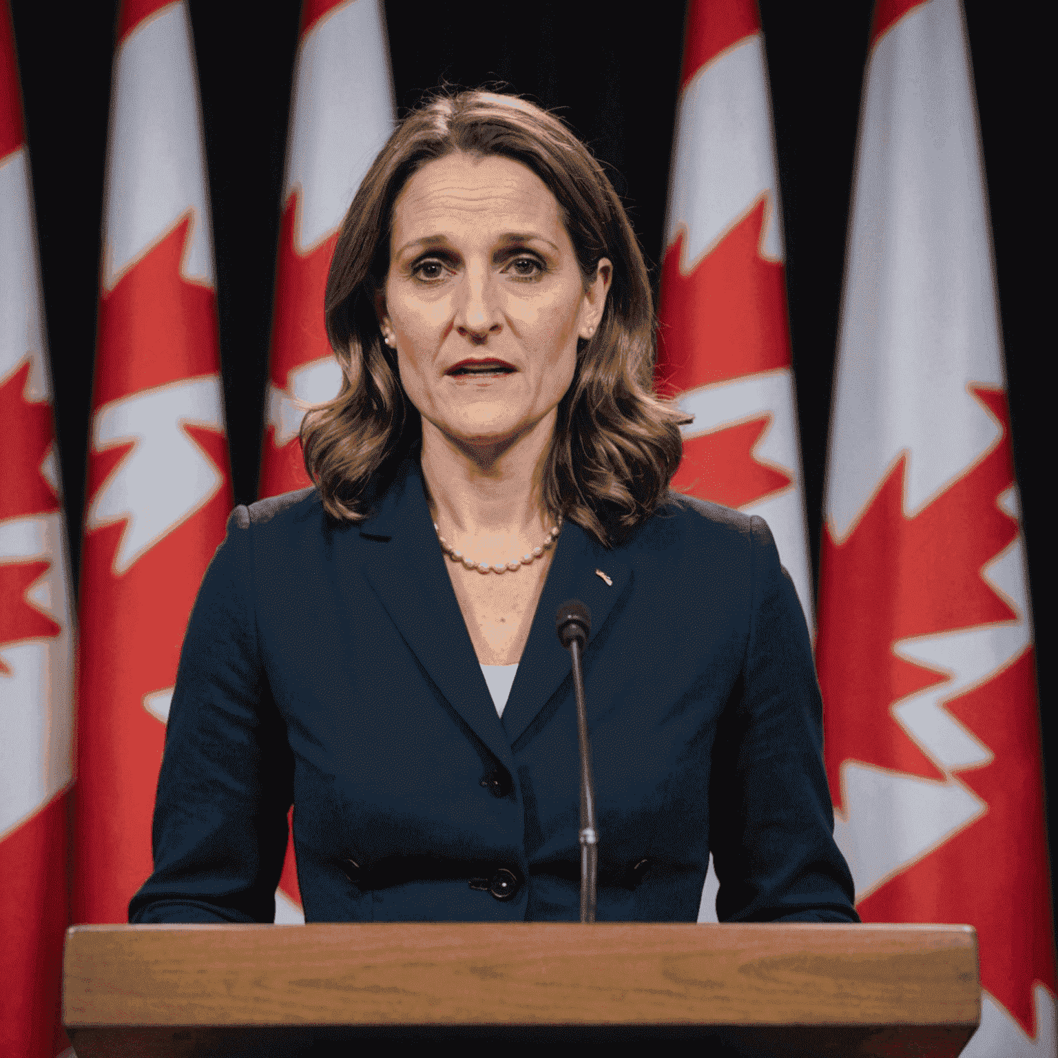 Deputy Prime Minister and Minister of Finance Chrystia Freeland delivering a speech at a podium, outlining the government's new economic plan for Canada