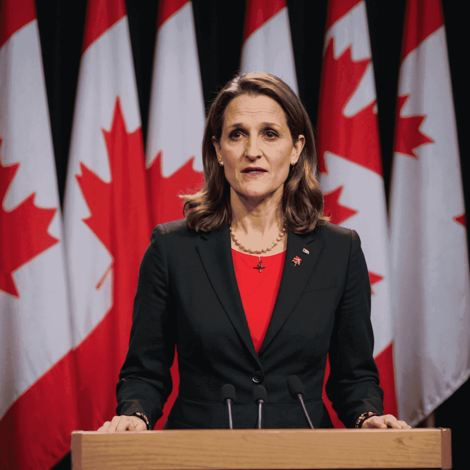 Deputy Prime Minister and Minister of Finance Chrystia Freeland speaking at a podium, with Canadian flags in the background