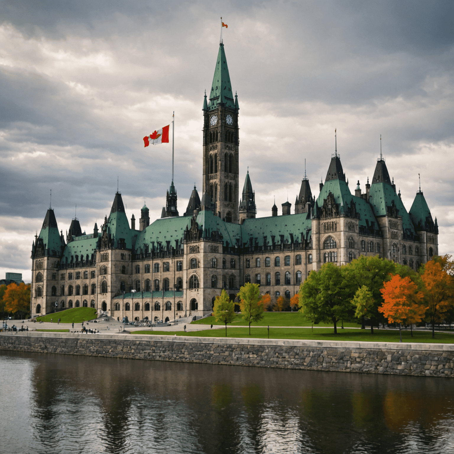 An image of the Canadian Parliament building with the Canadian flag flying in the foreground, symbolizing the country's political system.