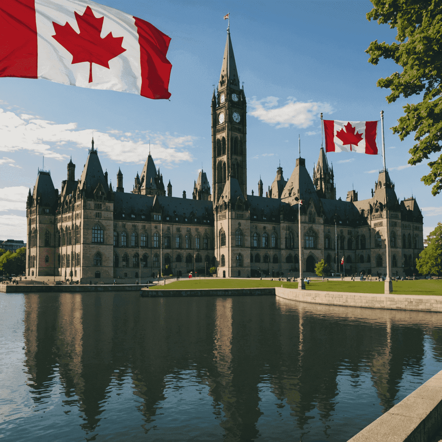 An image of the Canadian Parliament building with the Canadian flag flying in the foreground