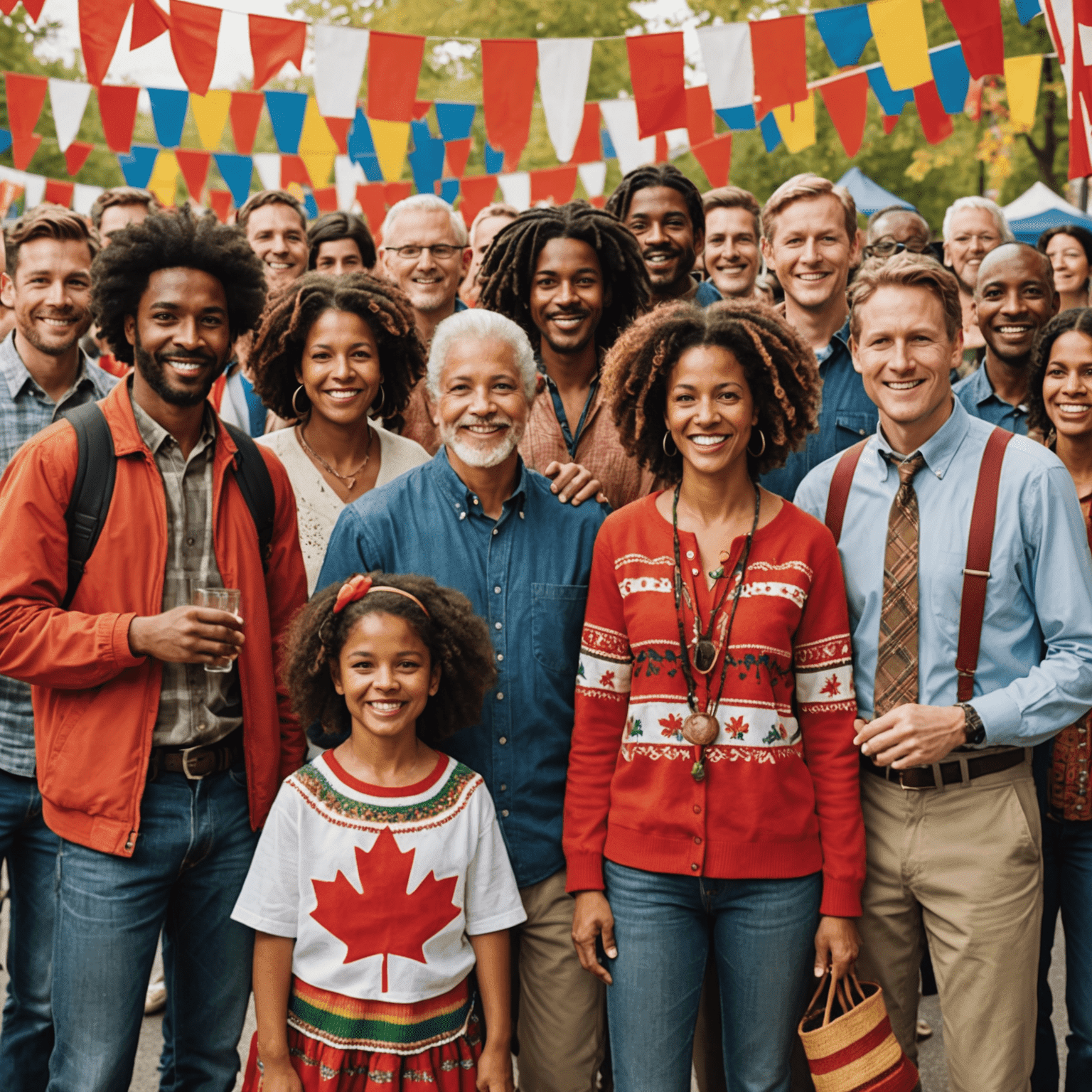 A diverse group of Canadians celebrating a cultural festival, showcasing the country's multiculturalism